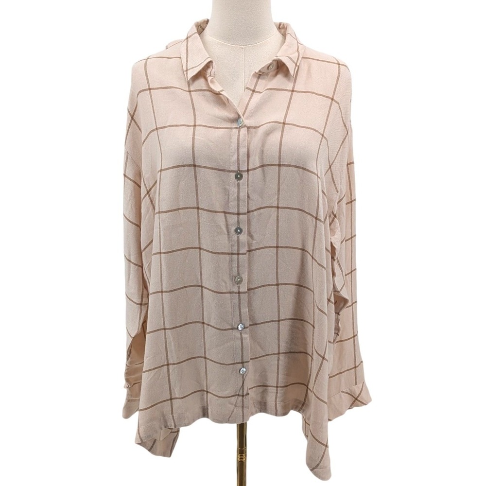 J.Jill‎ Windowpane Button Front Tunic Blouse NWT Soft Beige Relaxed Size L